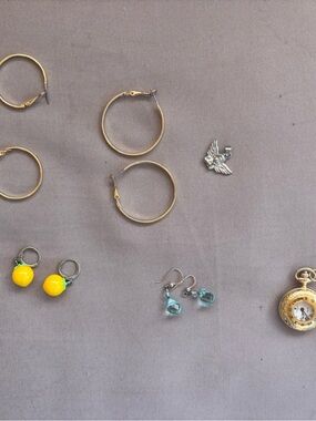 Gold Hoop Earrings and Mixed Charm Earrings Set - Yellow & Aqua